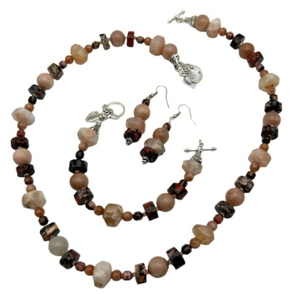 Handmade Jewelry Set - Cherry Blossom Agate Sunstone Red Snowflake Jasper